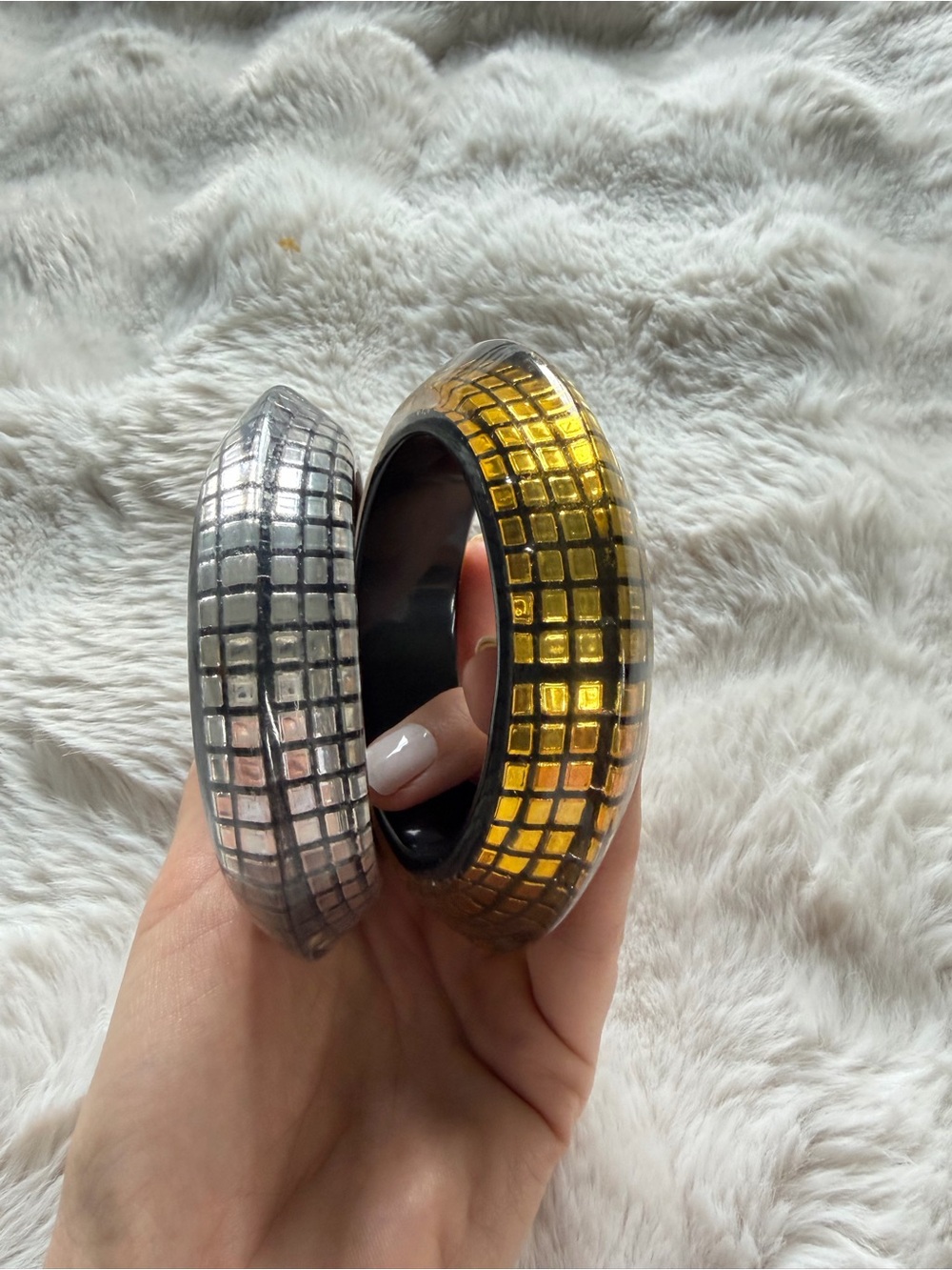 Statement Mosaic Bangle Set Gold Silver Resin Wide Bracelets Retro Y2K - Picture 4 of 8